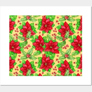 Poinsettia and holly berry watercolor Christmas pattern Posters and Art